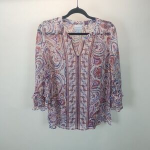 Liz Claiborne Womens Sheer Paisley Print 3/4 Sleeve V Neck Blouse M Boho